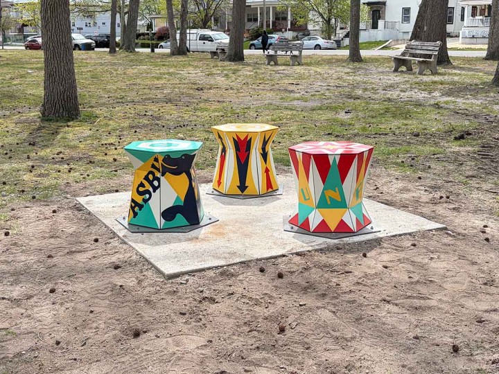 Curio benches installed in Sunset Park off 5th Avenue.
